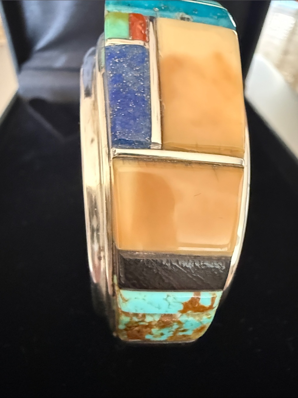 Marlin Honhongva Sterling Cuff Bracelet Contemporary Multi-Cobble Stone Inlays - Picture 5 of 12